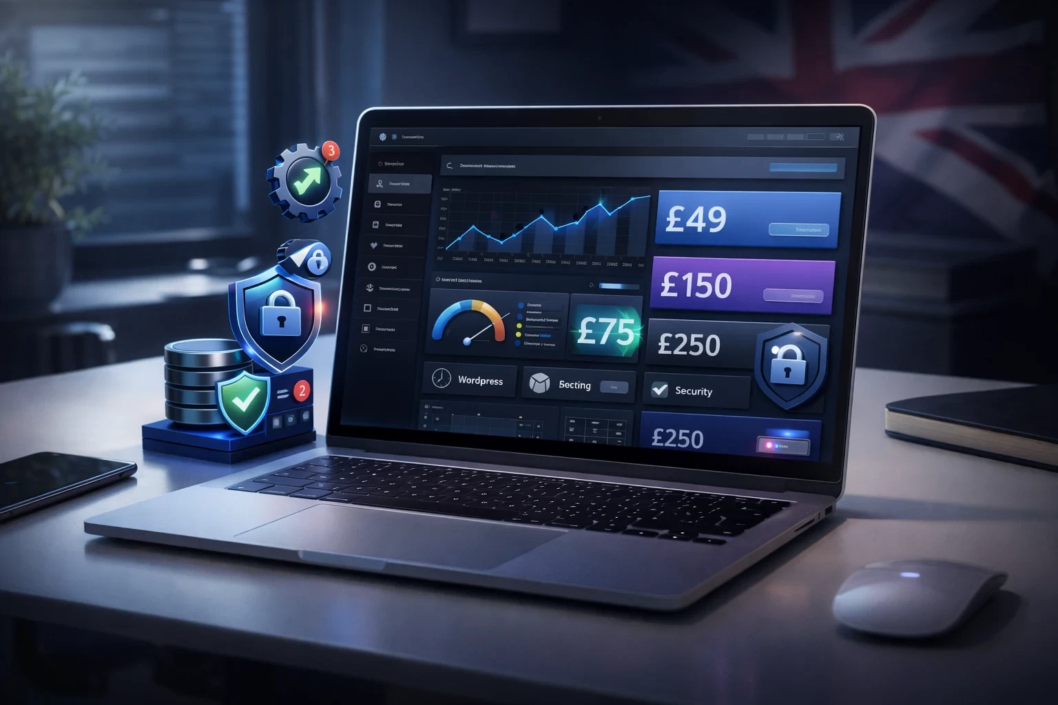 Modern office with UK-themed dashboard