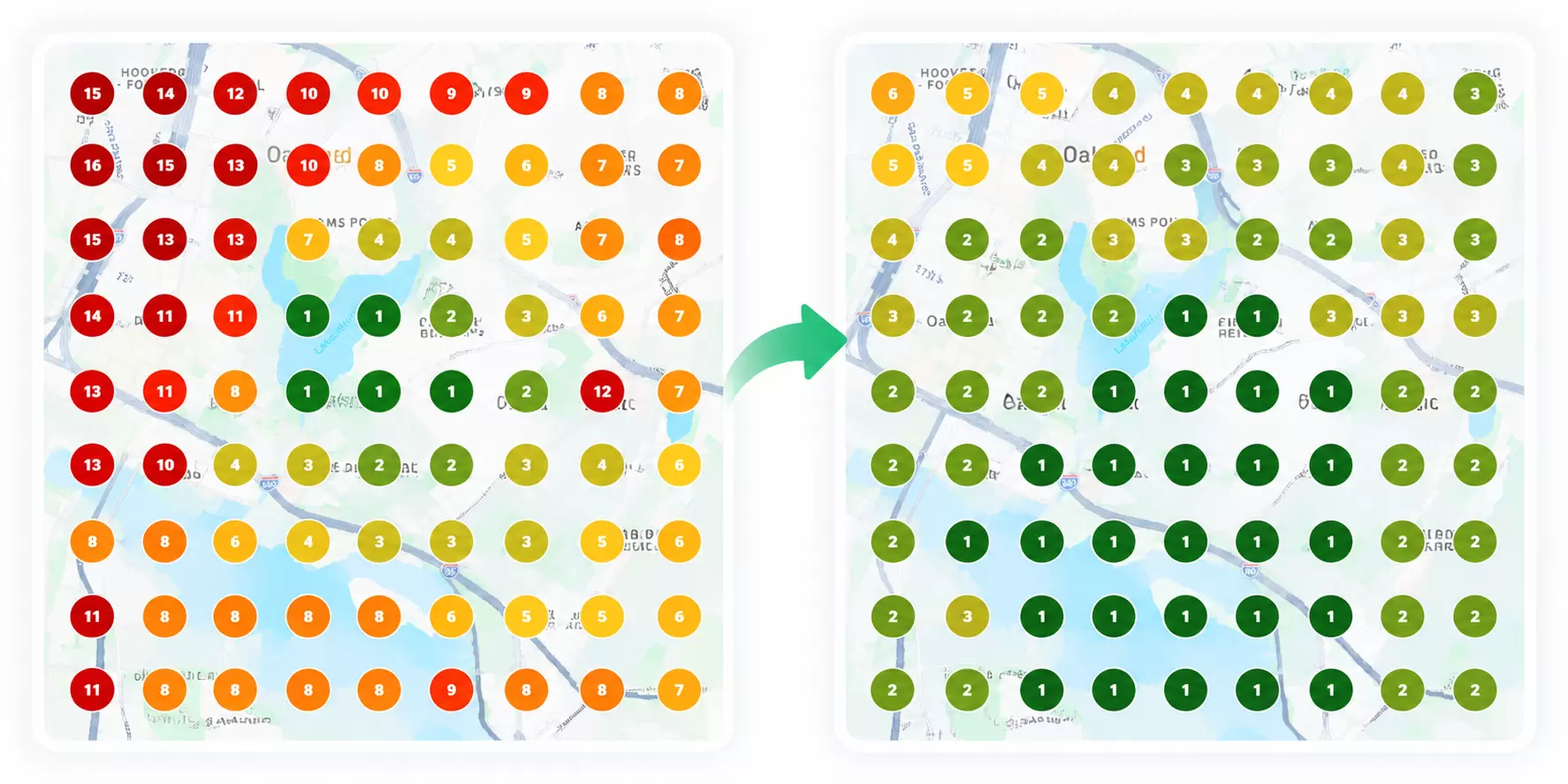 Local SEO result 5, before on the left and after on the right. The before screenshot includes higher ranks and a 20 point. The after screenshot shows ranks 1-6, including many points at 1.