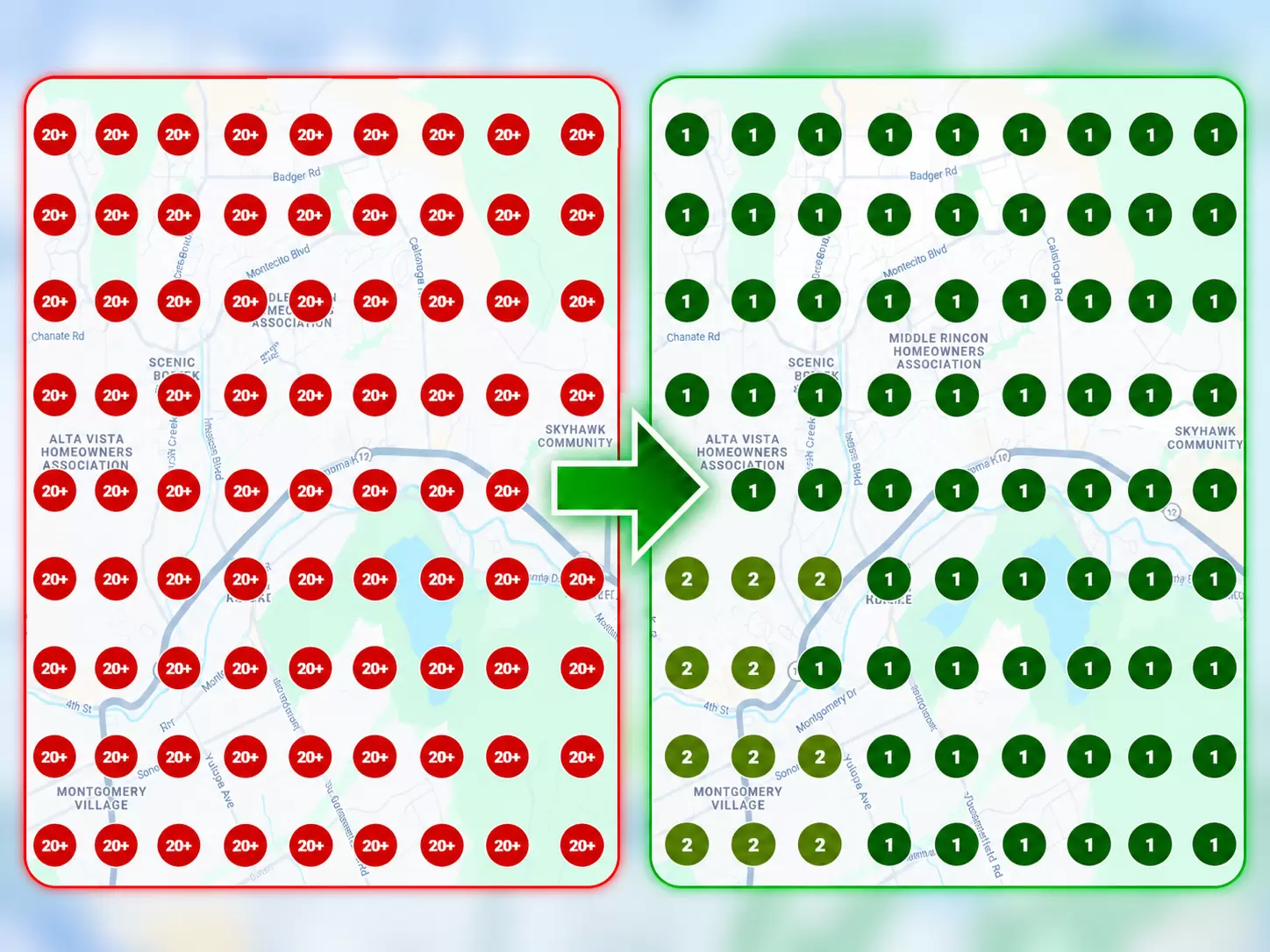 Local SEO result 6, before on the left and after on the right. Every visible before-grid point displays 20+. The after-grid points display 1 or 2.