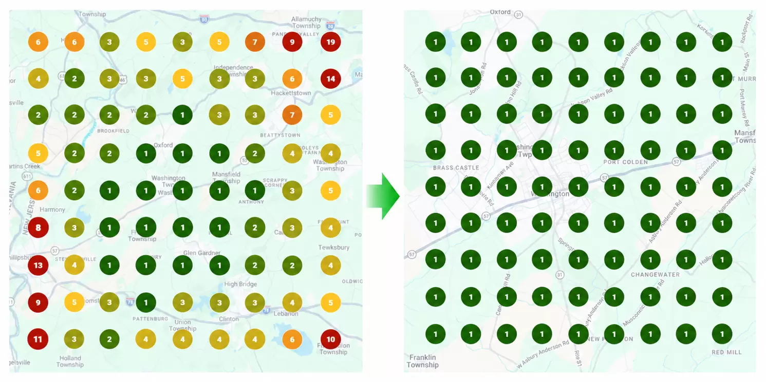 Local SEO result 2, before on the left and after on the right. The before screenshot shows rankings from 1 to 19. All 81 points in the after screenshot display 1.