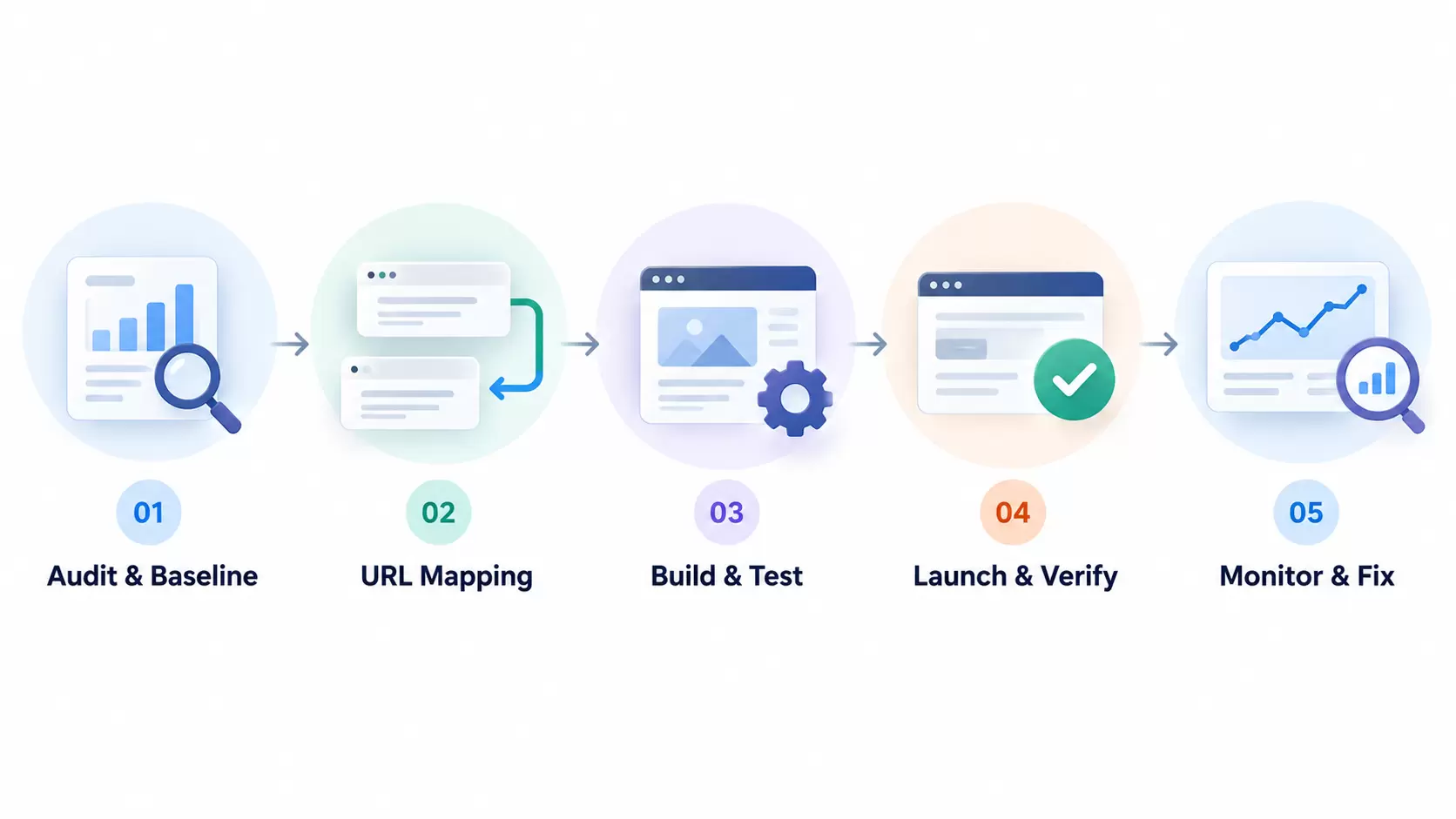 Five-stage website redesign process from SEO audit through post-launch monitoring